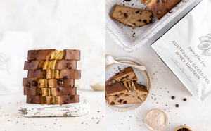 Two images; Left: a stack of Banana Bread next to Australian Natural Protein Company product packaging of Artisan Cocoa Protein Powder, as used in Banana Bread Recipe. Image Right; Slices of Choc-protein Banana Bread and ANPC Natpro cocoa package