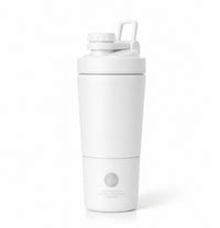 A white shaker bottle with a matching white lid and carrying loop, featuring a subtle silver logo on the lower section, set against a clean white background.